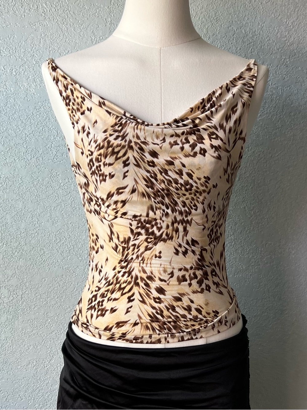 Y2K Animal Print Cowl Neck Tank Top Brown Beige Stretch Camisole S